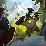 Un monstruo verde con un hacha amenaza a dos personajes en un bosque mientras uno apunta con un arco y flecha y otro sostiene una espada y escudo