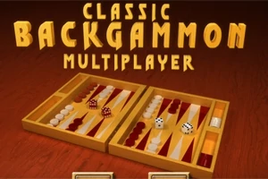 Tablero de juego de mesa con piezas blancas y marrones, dados y texto que dice Classic Backgammon Multiplayer