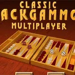 Tablero de juego de mesa con piezas blancas y marrones, dados y texto que dice Classic Backgammon Multiplayer