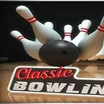 Bolo golpeando varios pinos de boliche en fila con el texto Classic Bowling en la parte inferior