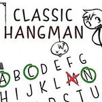 Dibujo de una horca, un personaje en blanco y negro, letras del alfabeto con marcas, y la palabra Classic Hangman