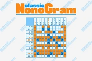 Tablero de rompecabezas nonograma con números y casillas marcadas en azul y naranja