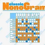 Tablero de rompecabezas nonograma con números y casillas marcadas en azul y naranja