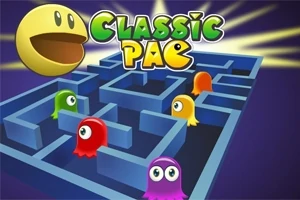 Un laberinto azul con fantasmas de colores y una figura amarilla sonriente en la esquina superior izquierda, con el texto Classic Pac