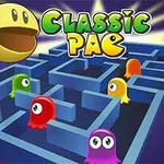 Un laberinto azul con fantasmas de colores y una figura amarilla sonriente en la esquina superior izquierda, con el texto Classic Pac