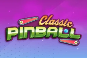 Texto Classic Pinball sobre un fondo degradado de colores morado y azul con gráficos de paletas de pinball