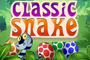 Serpiente caricaturesca con ojos grandes delante de huevos de colores y un letrero que dice Classic Snake