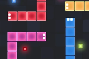 Bloques de colores rojo, azul y amarillo en una cuadrícula oscura con luces brillantes