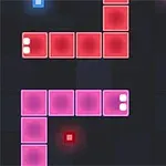 Bloques de colores rojo, azul y amarillo en una cuadrícula oscura con luces brillantes