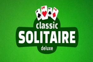 Texto sobre fondo verde con cartas de póker encima y palabras classic solitaire deluxe