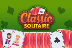 Cartas de póker decoradas sobre un fondo verde con el texto Classic Solitaire en el centro