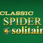 Texto en letras doradas que dice Classic Spider Solitaire sobre un fondo verde, acompañado de una imagen de cartas de póker