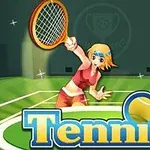 Personaje animado jugando tenis en una cancha verde con la palabra Tennis en letras grandes y coloridas al frente