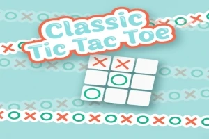 Tres en raya con texto Classic Tic Tac Toe sobre un fondo azul claro con líneas de X y O repetidas