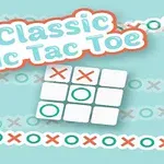 Tres en raya con texto Classic Tic Tac Toe sobre un fondo azul claro con líneas de X y O repetidas