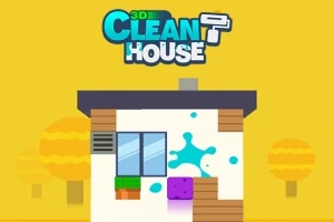 Casa blanca con ventanas azules, plantas y manchas de pintura en un fondo amarillo con árboles estilizados