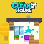 Casa blanca con ventanas azules, plantas y manchas de pintura en un fondo amarillo con árboles estilizados