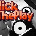 Texto en letras rojas dice Click The Play sobre un fondo blanco y negro con figuras y caras sonrientes