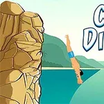 Persona buceando desde un acantilado hacia el mar con un paisaje de montañas en el fondo