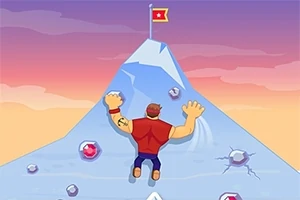 Hombre escalando una montaña helada con una bandera roja en la cima y gemas incrustadas en la superficie