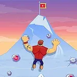 Hombre escalando una montaña helada con una bandera roja en la cima y gemas incrustadas en la superficie