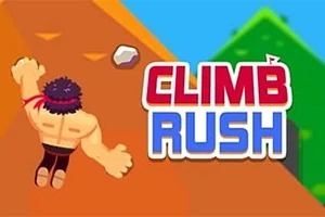Hombre musculoso con una cinta roja en la cabeza trepando una montaña con el texto CLIMB RUSH a la derecha