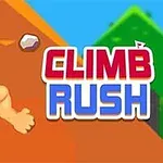 Hombre musculoso con una cinta roja en la cabeza trepando una montaña con el texto CLIMB RUSH a la derecha