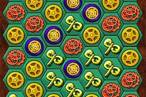Un patrón de celdas hexagonales verdes con engranajes dorados, llaves doradas, simbolos rojos y círculos morados intercalados