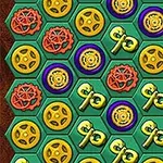 Un patrón de celdas hexagonales verdes con engranajes dorados, llaves doradas, simbolos rojos y círculos morados intercalados