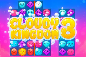 Título amarillo grande que dice Cloudy Kingdom 3 sobre un fondo con figuras geométricas de colores y caras sonrientes