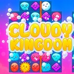 Título amarillo grande que dice Cloudy Kingdom 3 sobre un fondo con figuras geométricas de colores y caras sonrientes