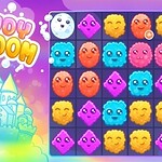 Un castillo de fantasía a la izquierda y una cuadrícula de criaturas coloridas con diferentes expresiones a la derecha