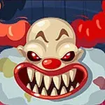 Payaso aterrador con grandes dientes afilados y cabello rojo en un fondo oscuro
