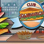 Un sándwich club con lechuga, tomate, queso y jamón junto a un logotipo de Club Sandwich en un restaurante con papas fritas sobre la mesa