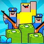 Personajes animados estilo píxel con uniformes de policía sosteniendo rifles detrás de pilas de dinero y diamantes sobre un fondo azul