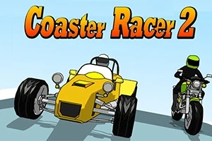 Dibujo de un coche amarillo y una motocicleta en una pista con el texto Coaster Racer 2 en la parte superior