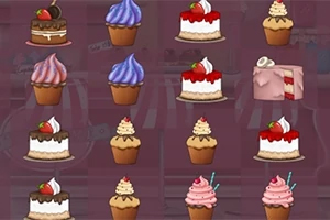 Coco in Cakeland Variedad de pasteles y postres ilustrados en una cuadrícula sobre un fondo morado, incluyendo cupcakes y pasteles con cobertura de crema y fresas