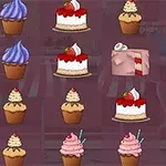 Coco in Cakeland Variedad de pasteles y postres ilustrados en una cuadrícula sobre un fondo morado, incluyendo cupcakes y pasteles con cobertura de crema y fresas