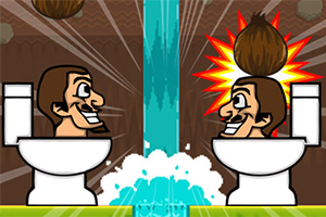 Dos personajes sentados en inodoros con cocos cayendo sobre sus cabezas y agua fluyendo entre ellos