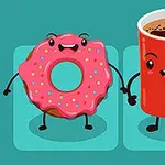 Dona rosada con glaseado y chispas sonriente junto a una taza roja de café con cara feliz, ambas con brazos y piernas animados sobre un fondo verde azulado