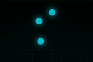 Tres esferas luminosas azules en un fondo oscuro cuadriculado