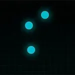 Tres esferas luminosas azules en un fondo oscuro cuadriculado