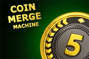Texto amarillo COIN MERGE MACHINE junto a una moneda dorada grande con el número 5 sobre fondo verde oscuro