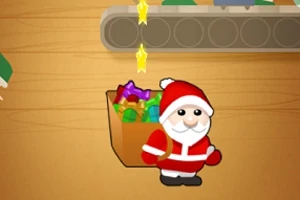 Santa Claus animado con un saco de regalos coloridos y estrellas brillantes cayendo de una cinta transportadora en un taller de juguetes