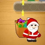 Santa Claus animado con un saco de regalos coloridos y estrellas brillantes cayendo de una cinta transportadora en un taller de juguetes