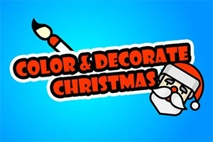 Texto Color & Decorate Christmas en letras rojas con un pincel y un dibujo de Santa Claus sobre un fondo azul