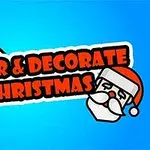 Texto Color & Decorate Christmas en letras rojas con un pincel y un dibujo de Santa Claus sobre un fondo azul