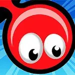 Esfera roja con ojos grandes sobre un fondo azul con líneas radiales