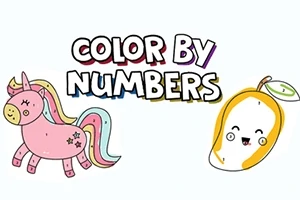 Un unicornio rosado con un arcoíris en la melena y una fruta sonriente, acompañados del texto Color by Numbers