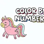 Un unicornio rosado con un arcoíris en la melena y una fruta sonriente, acompañados del texto Color by Numbers